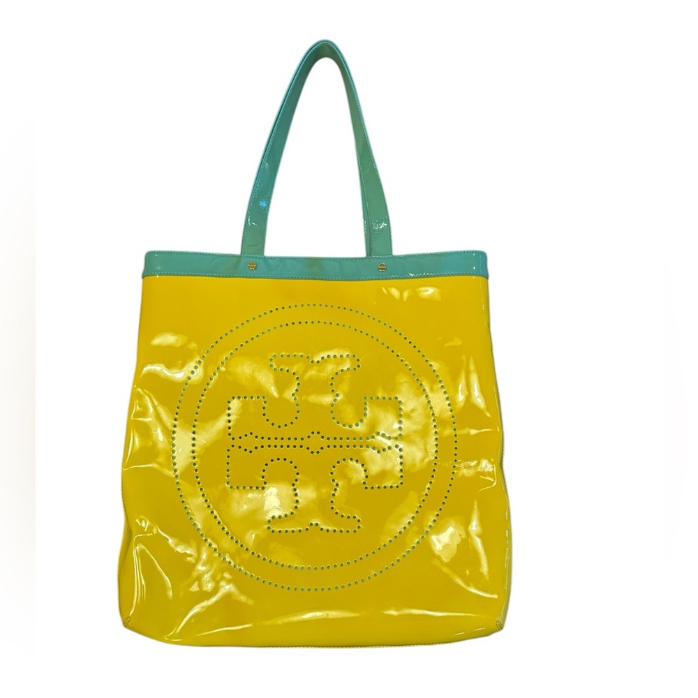 Vintage Y2K Tory Burch Logo Yellow/Teal Patent Leather Large Tote - Picture 3 of 14